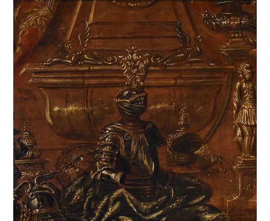 Still life with armor, draperies and sculptures, Antonio Tibaldi (Rome, c. 1635 - post 1675) Workshop of