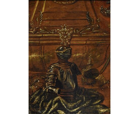 Still life with armor, draperies and sculptures, Antonio Tibaldi (Rome, c. 1635 - post 1675) Workshop of