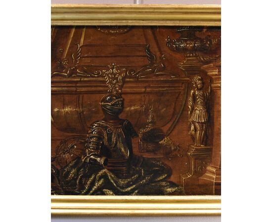 Still life with armor, draperies and sculptures, Antonio Tibaldi (Rome, c. 1635 - post 1675) Workshop of