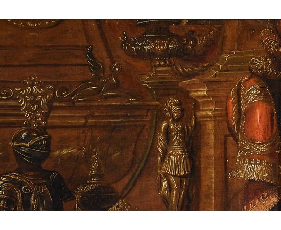 Still life with armor, draperies and sculptures, Antonio Tibaldi (Rome, c. 1635 - post 1675) Workshop of