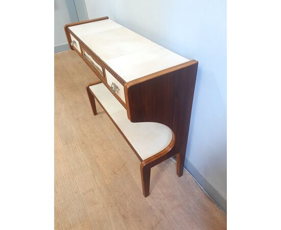 Consolle da ingresso in noce, ottone e pergamena anni '50
