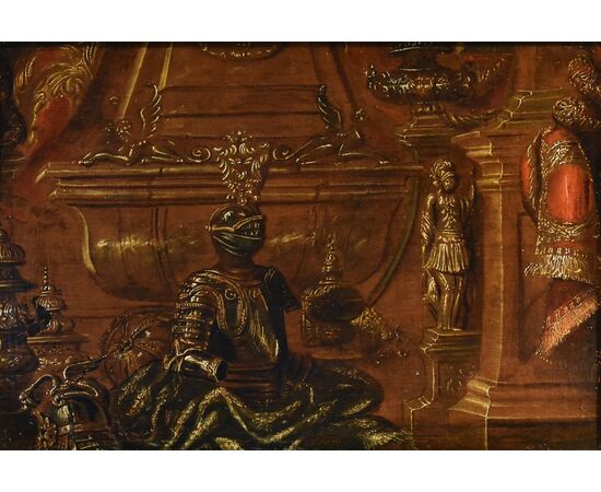 Still life with armor, draperies and sculptures, Antonio Tibaldi (Rome, c. 1635 - post 1675) Workshop of