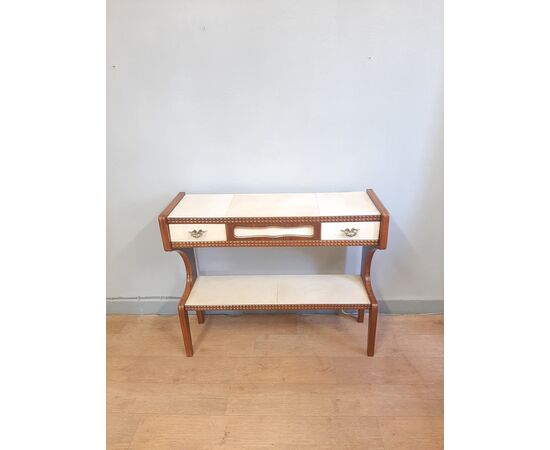 Consolle da ingresso in noce, ottone e pergamena anni '50