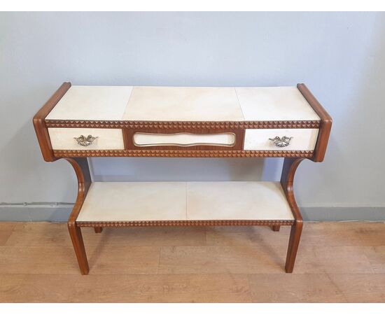 Consolle da ingresso in noce, ottone e pergamena anni '50
