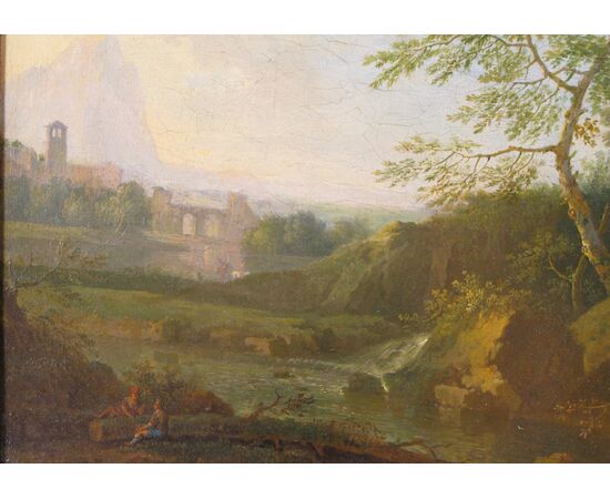 Paesaggio delle campagne romane con architetture e personaggi