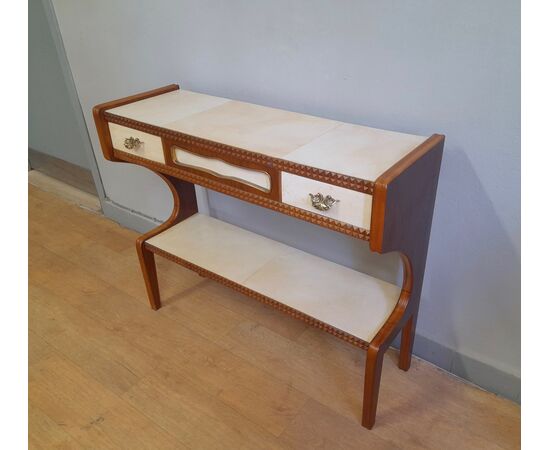 Consolle da ingresso in noce, ottone e pergamena anni '50
