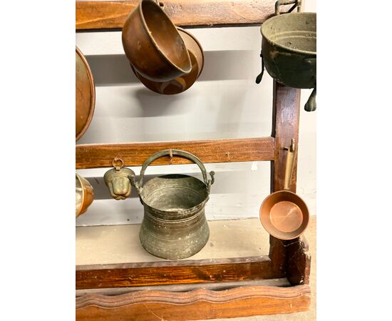 Antique copper pot rack from the early 1900s with antique branches, 93x70cm