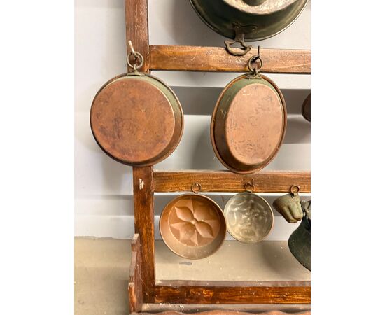 Antique copper pot rack from the early 1900s with antique branches, 93x70cm