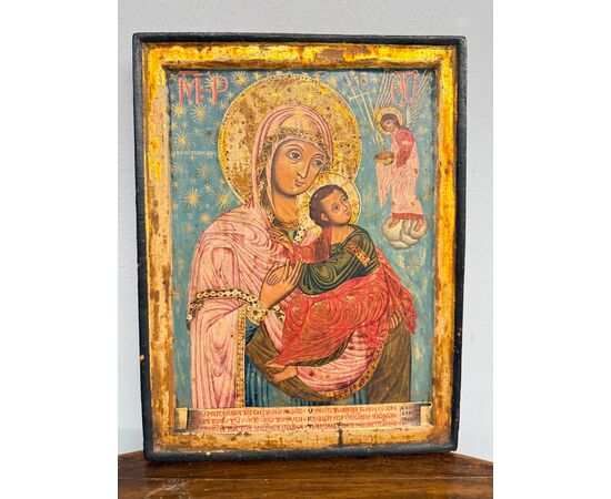 Antica icona russa, XIX dipinta e intagliata, 32x25cm
