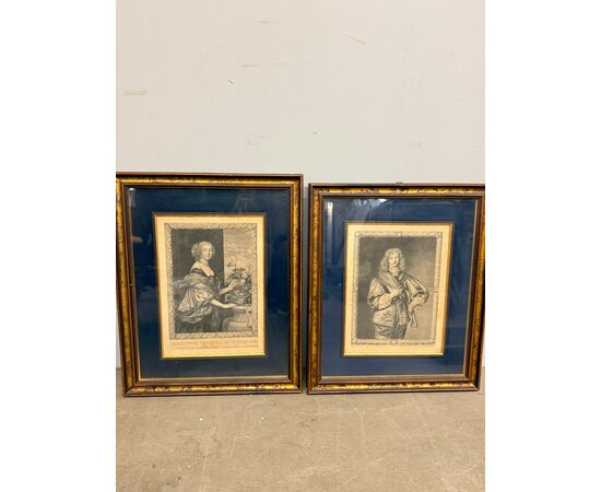 Antique pair of 17th century engravings by Van Dyck. Pierre Lombart. Dorothea and Philip Herbert IV, 38x27cm