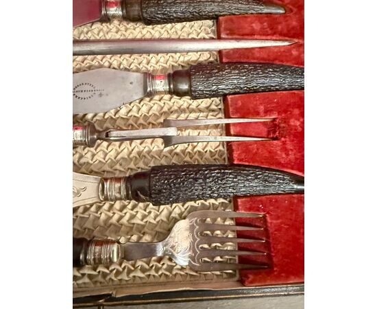 Sheffield silver roast knife set 1890 Harrison Fisher & c. horn handle, 5x30x45cm