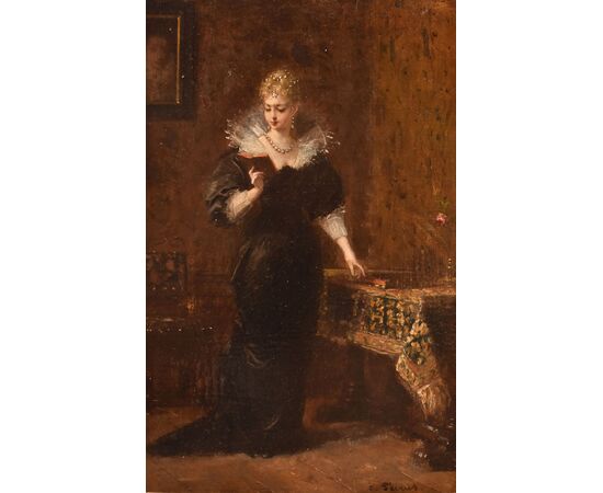 ANTIQUE PAINTINGS OF WOMAN READING, FEMALE PORTRAITS, OIL ON PANEL, NINETEENTH CENTURY (QR684)