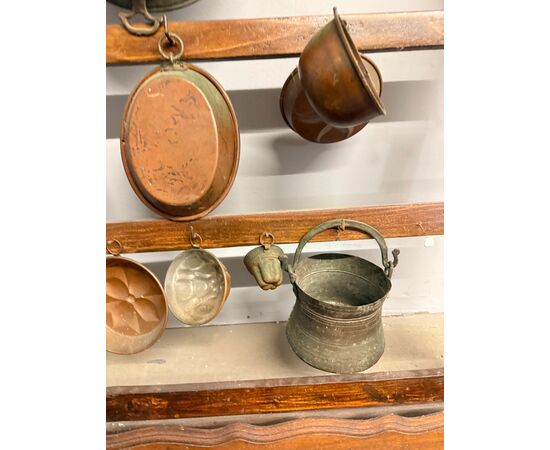 Antique copper pot rack from the early 1900s with antique branches, 93x70cm