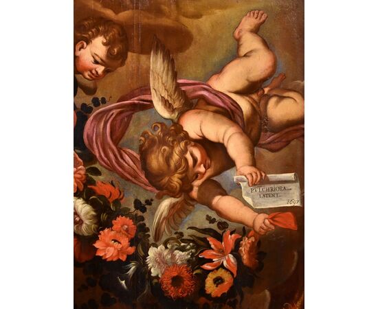 Pair of angels with floral festoon, Carlo Maratta (Camerano, 1625 - Rome, 1713) Workshop of