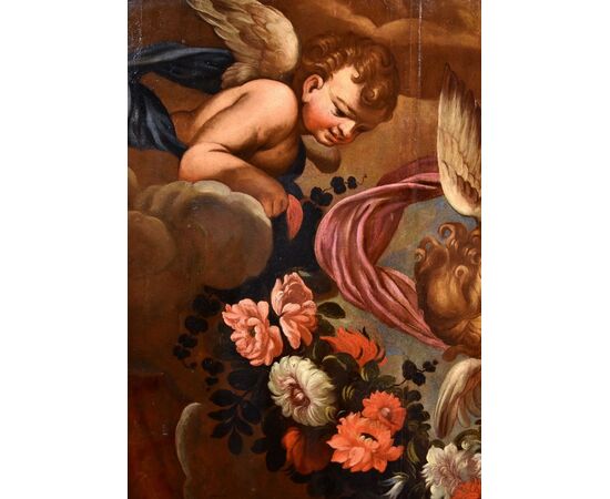 Pair of angels with floral festoon, Carlo Maratta (Camerano, 1625 - Rome, 1713) Workshop of