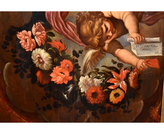 Pair of angels with floral festoon, Carlo Maratta (Camerano, 1625 - Rome, 1713) Workshop of