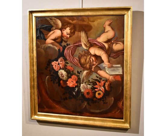 Pair of angels with floral festoon, Carlo Maratta (Camerano, 1625 - Rome, 1713) Workshop of