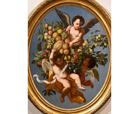 Fruit composition supported by three angels, Roman School of the early 18th century Luigi Garzi (Pistoia 1638 – Rome 1721)