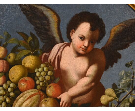 Fruit composition supported by three angels, Roman School of the early 18th century Luigi Garzi (Pistoia 1638 – Rome 1721)