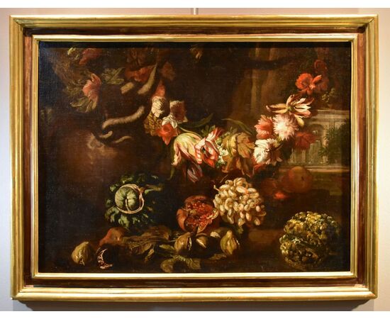 Natura morta con festone di fiori e frutta, Aniello Ascione (Napoli, notizie dal 1680 al 1708)