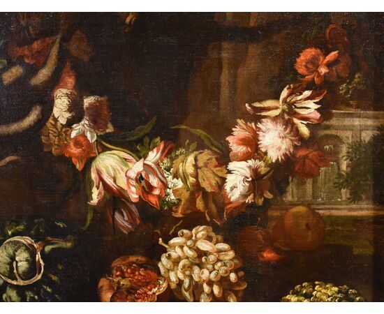 Natura morta con festone di fiori e frutta, Aniello Ascione (Napoli, notizie dal 1680 al 1708)