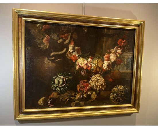 Natura morta con festone di fiori e frutta, Aniello Ascione (Napoli, notizie dal 1680 al 1708)