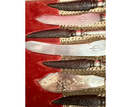 Sheffield silver roast knife set 1890 Harrison Fisher & c. horn handle, 5x30x45cm