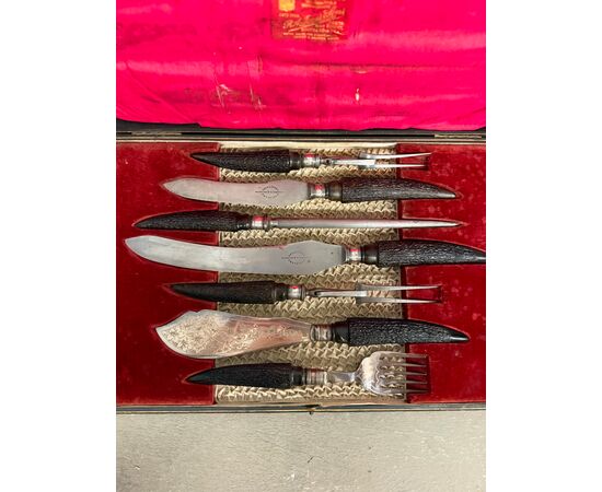 Sheffield silver roast knife set 1890 Harrison Fisher & c. horn handle, 5x30x45cm