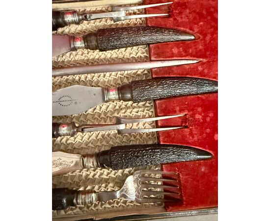 Sheffield silver roast knife set 1890 Harrison Fisher & c. horn handle, 5x30x45cm