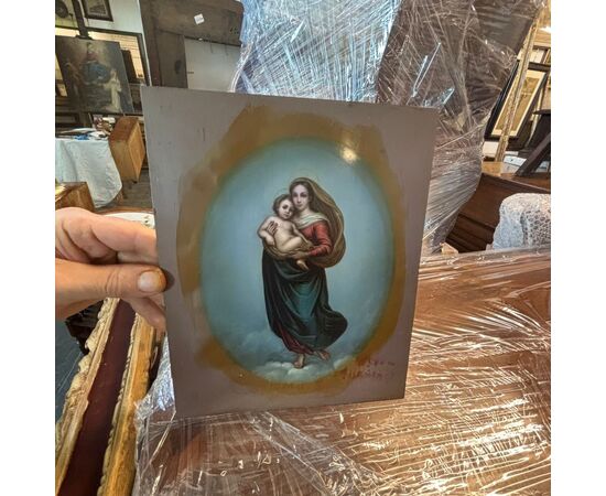 Antique 19th-century oil on copper 'Madonna of San Sisto' 27x22cm