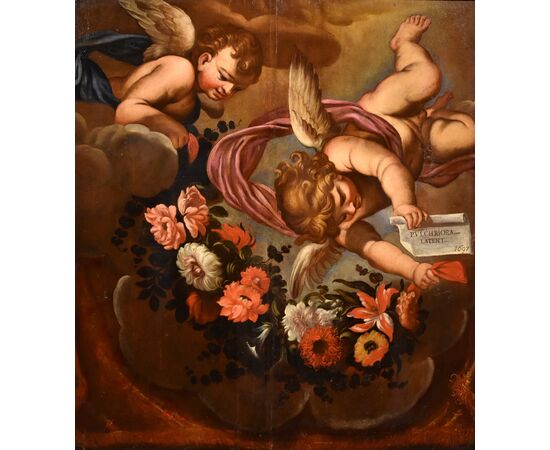Pair of angels with floral festoon, Carlo Maratta (Camerano, 1625 - Rome, 1713) Workshop of