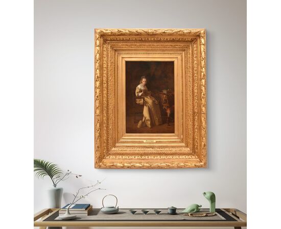 OLD PAINTINGS OF WOMAN SEWING, FEMALE PORTRAITS, OIL ON PANEL, 19TH CENTURY. (QR685)