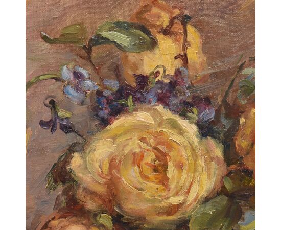 DIPINTI ANTICHI OVALI CON FIORI DI ROSE GIALLE, NATURE MORTE, OLIO SU TELA, PRIMI DEL NOVECENTO. (QF683)