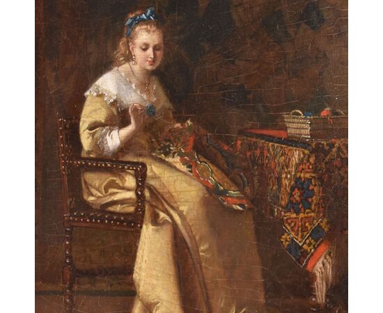 OLD PAINTINGS OF WOMAN SEWING, FEMALE PORTRAITS, OIL ON PANEL, 19TH CENTURY. (QR685)