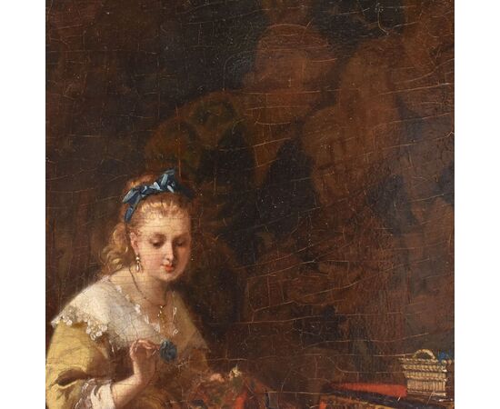 OLD PAINTINGS OF WOMAN SEWING, FEMALE PORTRAITS, OIL ON PANEL, 19TH CENTURY. (QR685)