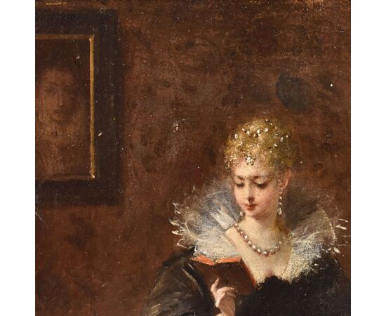 ANTIQUE PAINTINGS OF WOMAN READING, FEMALE PORTRAITS, OIL ON PANEL, NINETEENTH CENTURY (QR684)