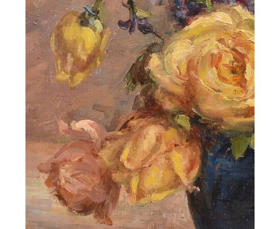 DIPINTI ANTICHI OVALI CON FIORI DI ROSE GIALLE, NATURE MORTE, OLIO SU TELA, PRIMI DEL NOVECENTO. (QF683)