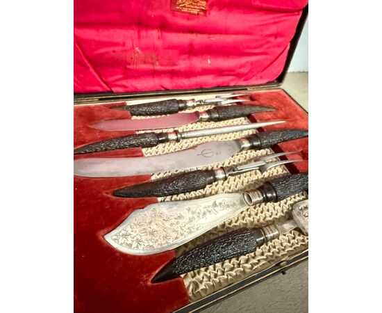 Sheffield silver roast knife set 1890 Harrison Fisher & c. horn handle, 5x30x45cm