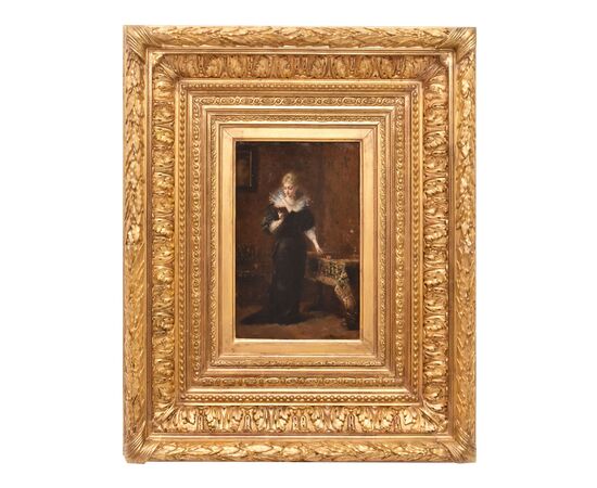 ANTIQUE PAINTINGS OF WOMAN READING, FEMALE PORTRAITS, OIL ON PANEL, NINETEENTH CENTURY (QR684)