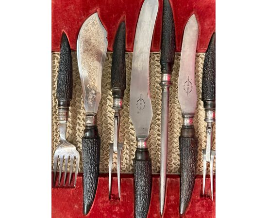 Sheffield silver roast knife set 1890 Harrison Fisher & c. horn handle, 5x30x45cm