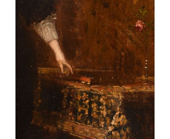 ANTIQUE PAINTINGS OF WOMAN READING, FEMALE PORTRAITS, OIL ON PANEL, NINETEENTH CENTURY (QR684)