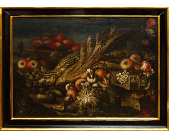Paolo Paoletti (Padua, around 1671 - Udine, 1735), Still life with vegetables, fruit and mushrooms