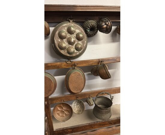 Antique copper pot rack from the early 1900s with antique branches, 93x70cm