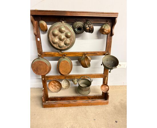 Antique copper pot rack from the early 1900s with antique branches, 93x70cm