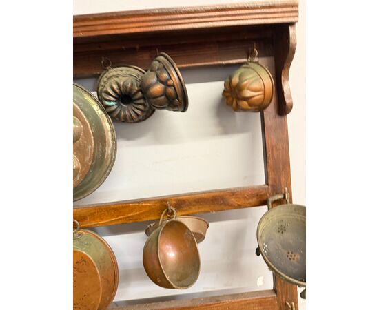 Antique copper pot rack from the early 1900s with antique branches, 93x70cm
