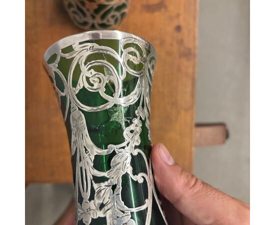 Antico trittico di vasi in vetro e argento art nouveau 1930 Liberty, 20x10cm