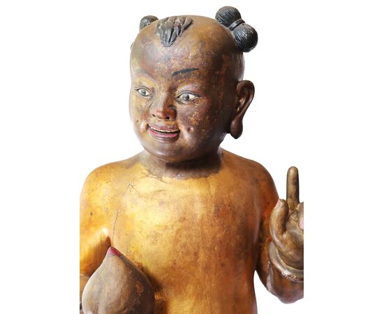 Pair of carved and lacquered wooden sculptures, China, Qing Dynasty, Guangxu period (1871-1908)