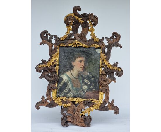 Antonio Zona – Ritratto di giovane donna con cornice scolpita in cirmolo dorato, fine XIX secol