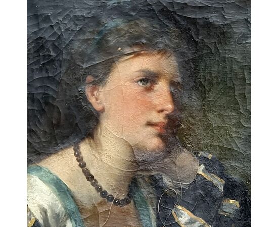 Antonio Zona – Ritratto di giovane donna con cornice scolpita in cirmolo dorato, fine XIX secol
