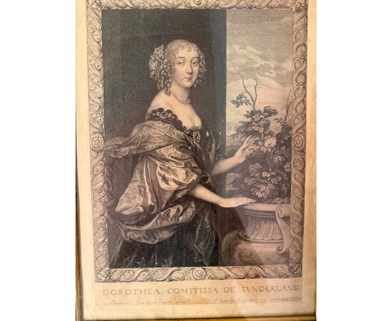 Antique pair of 17th century engravings by Van Dyck. Pierre Lombart. Dorothea and Philip Herbert IV, 38x27cm